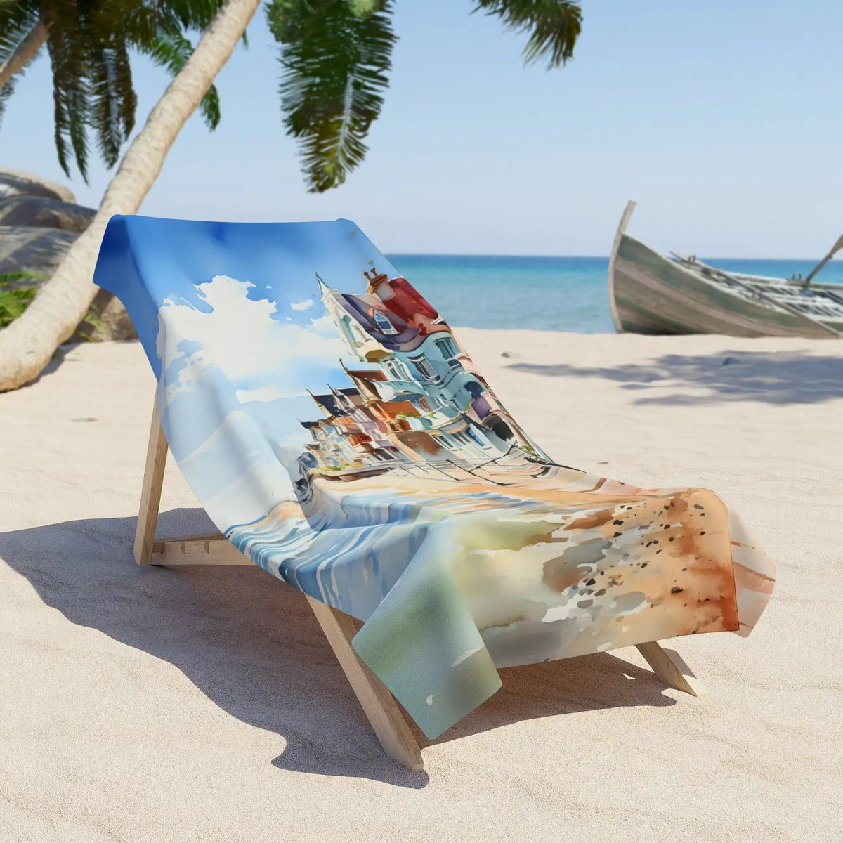 Best bath towel | a beach chair with a picture of a beach on it