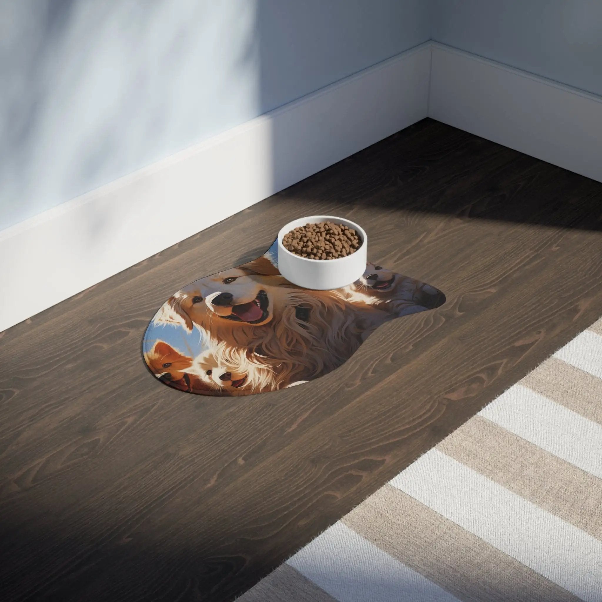 Pet Feeding Mats | a cat eating food out of a bowl on the floor