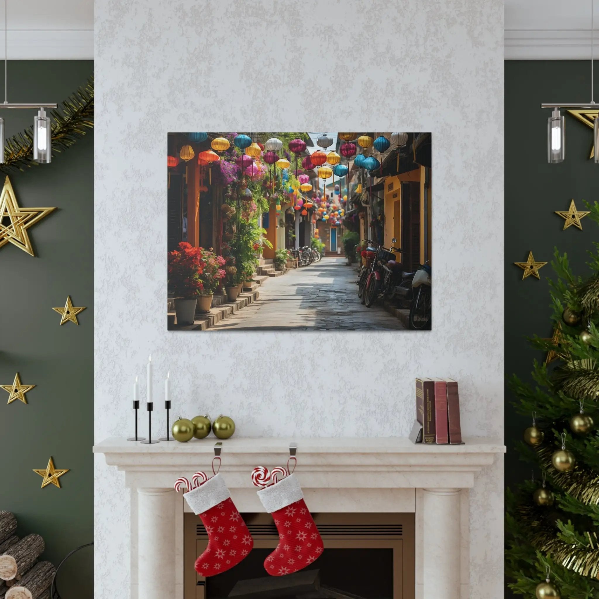 Canvas Gallery Wraps | a living room with a Christmas tree and a fireplace