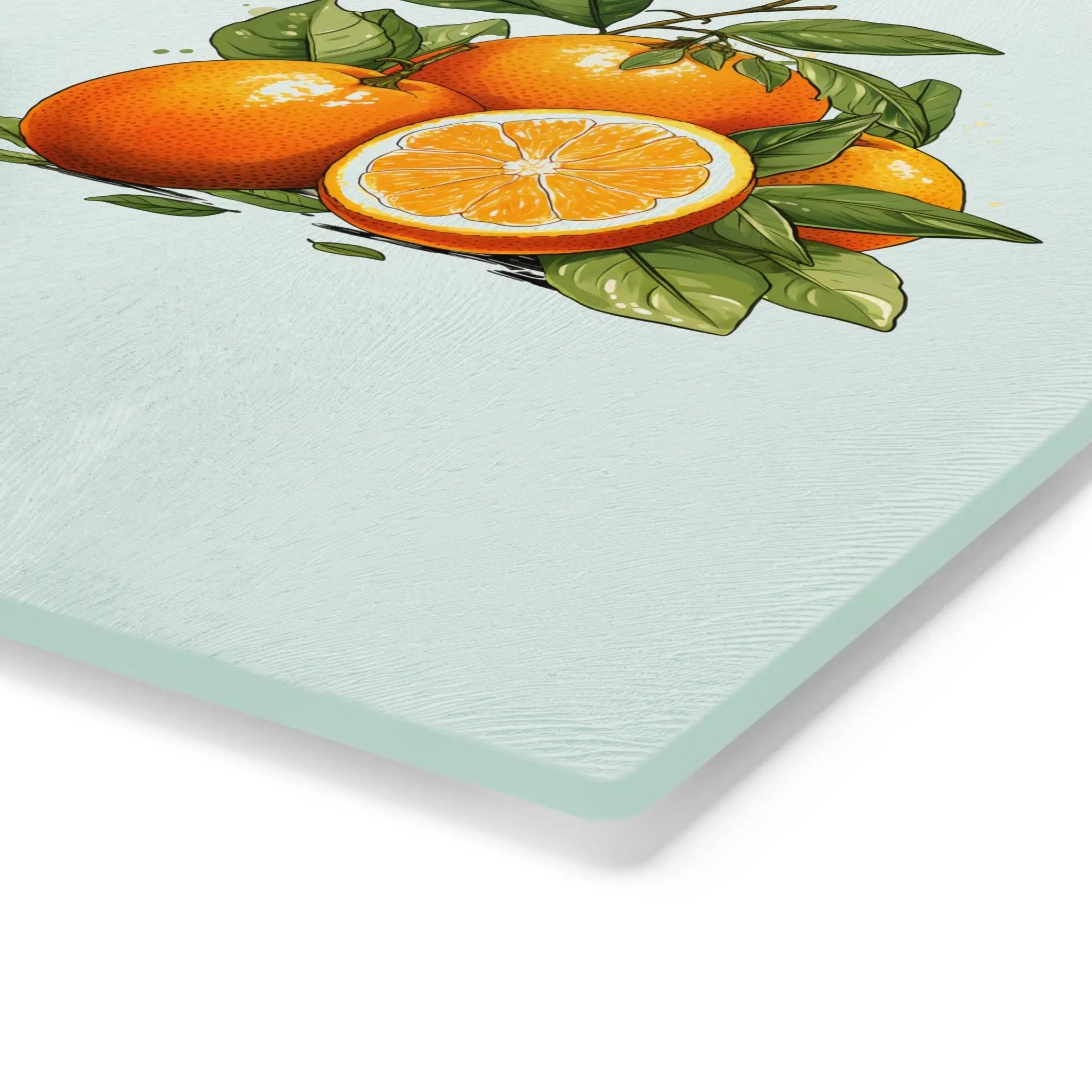 Cutting board | a painting of oranges and leaves on a light blue background