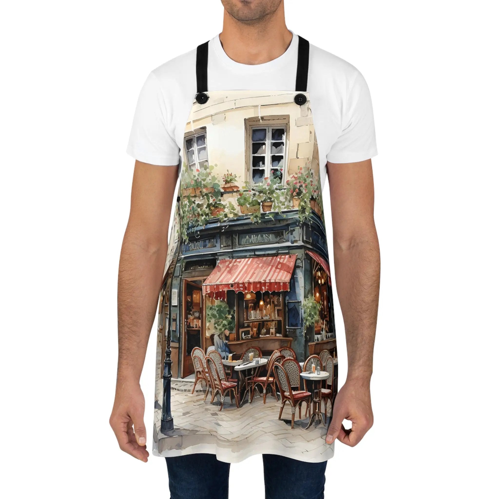 Chef Apron | a man wearing an apron with a picture of a restaurant on it