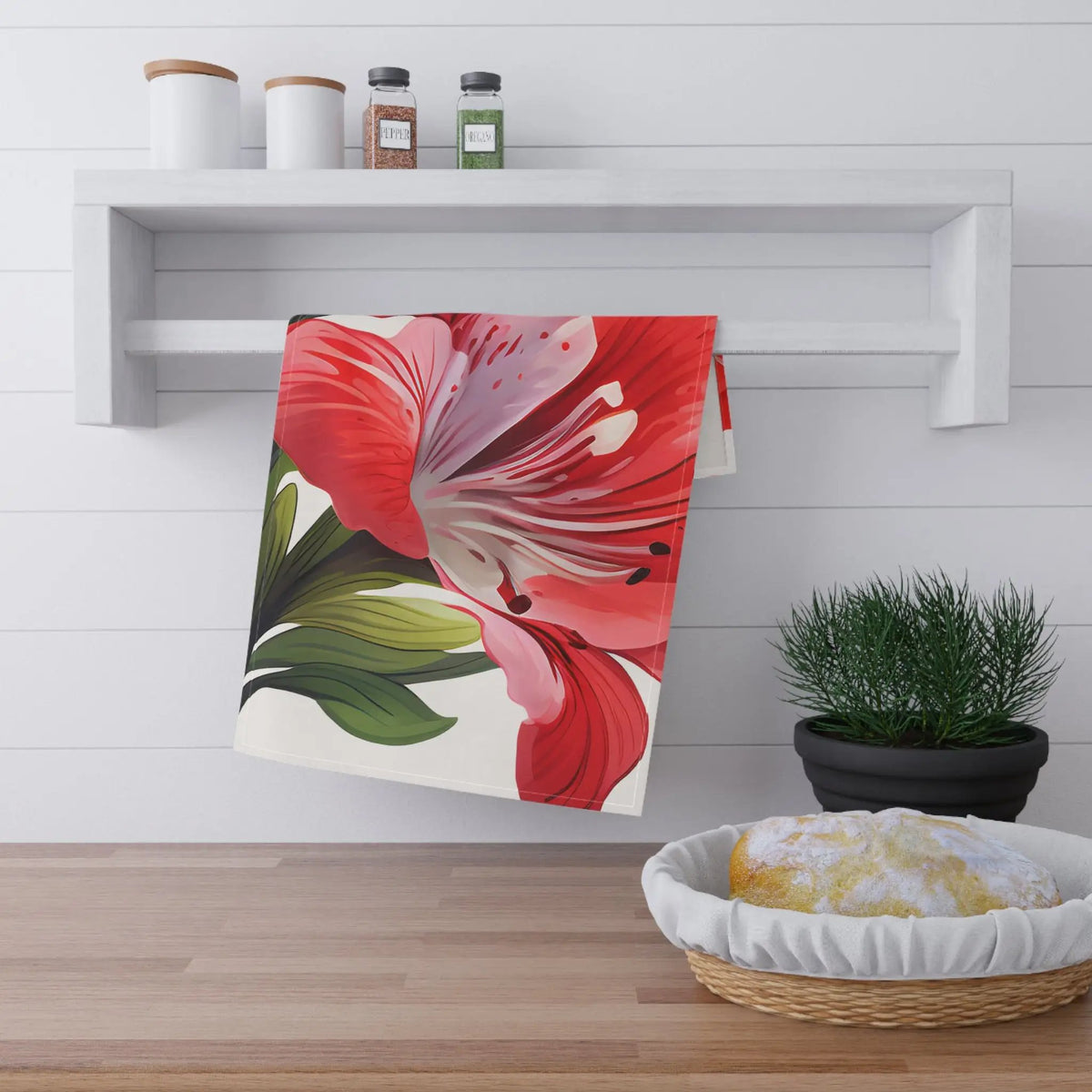 Kitchen Towel | a kitchen counter with a bowl of food and a towel hanging on the wall