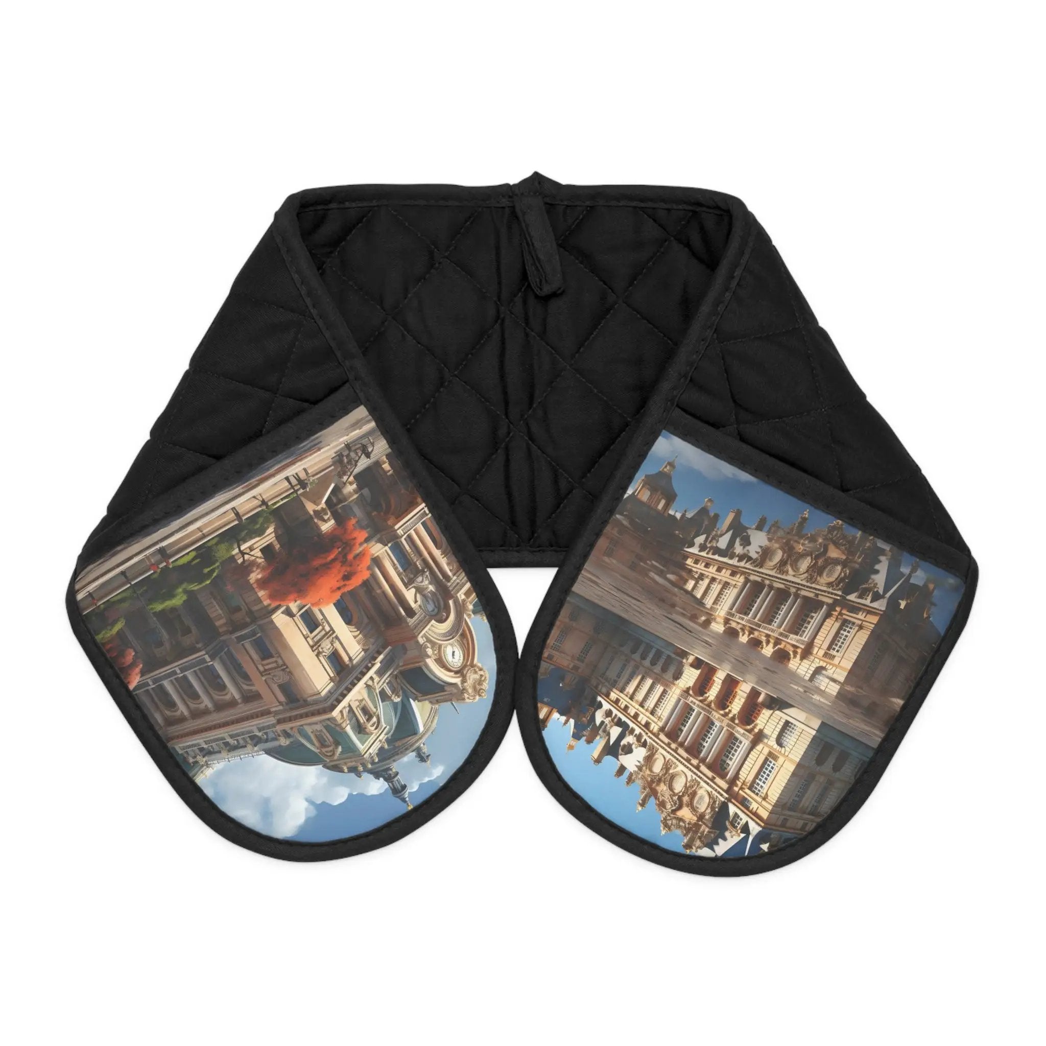 oven glove | a black oven mitt with a picture of a building