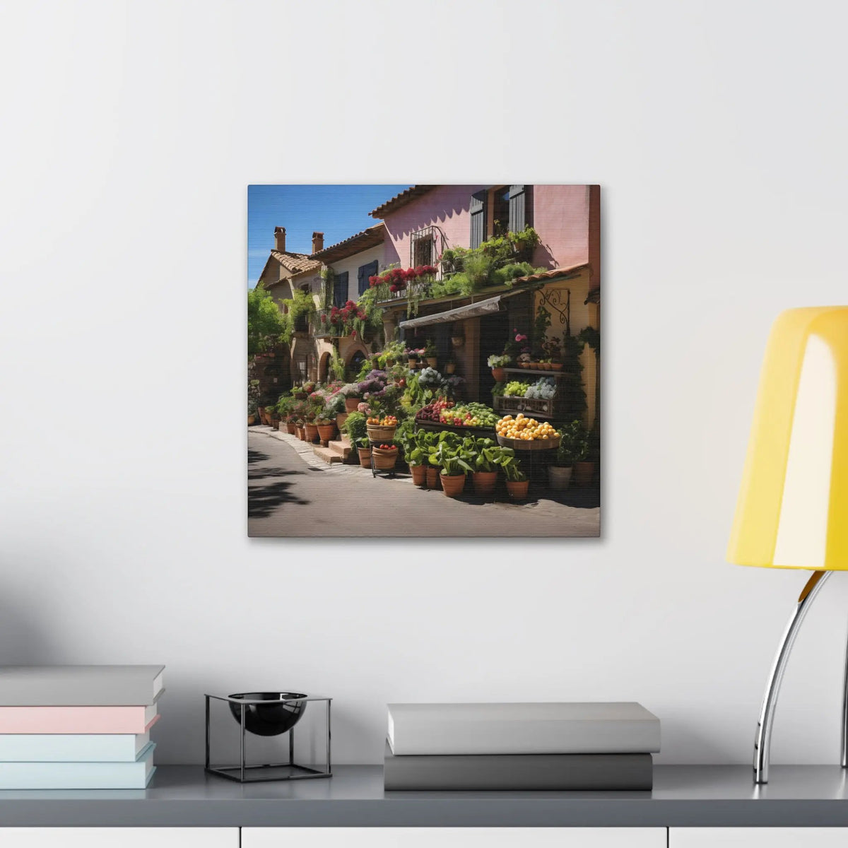 Canvas Gallery Wraps | a table with a lamp and a painting on the wall