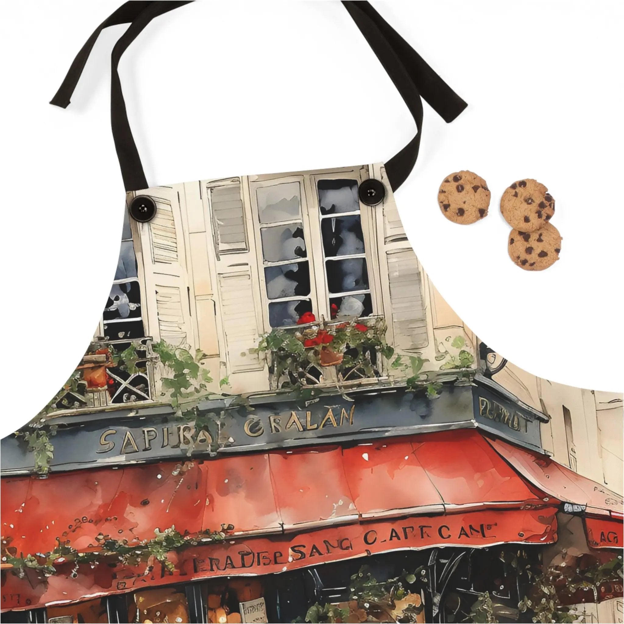 Chef Apron | an apron with a picture of a cafe and a cookie