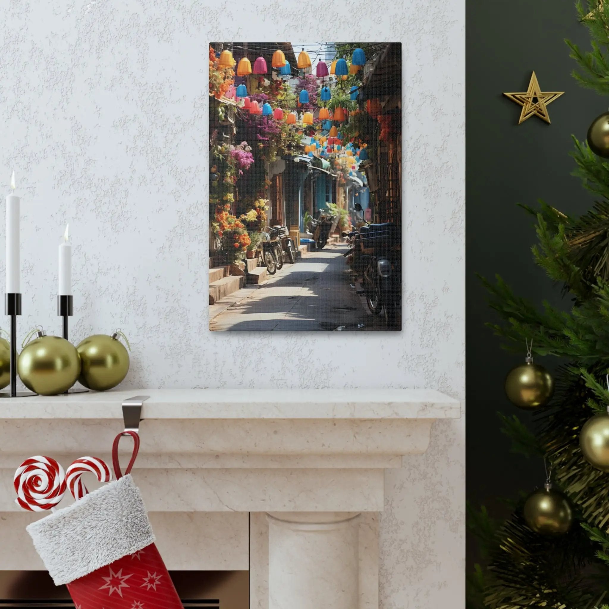 Canvas Gallery Wraps | a decorated Christmas tree in front of a fireplace