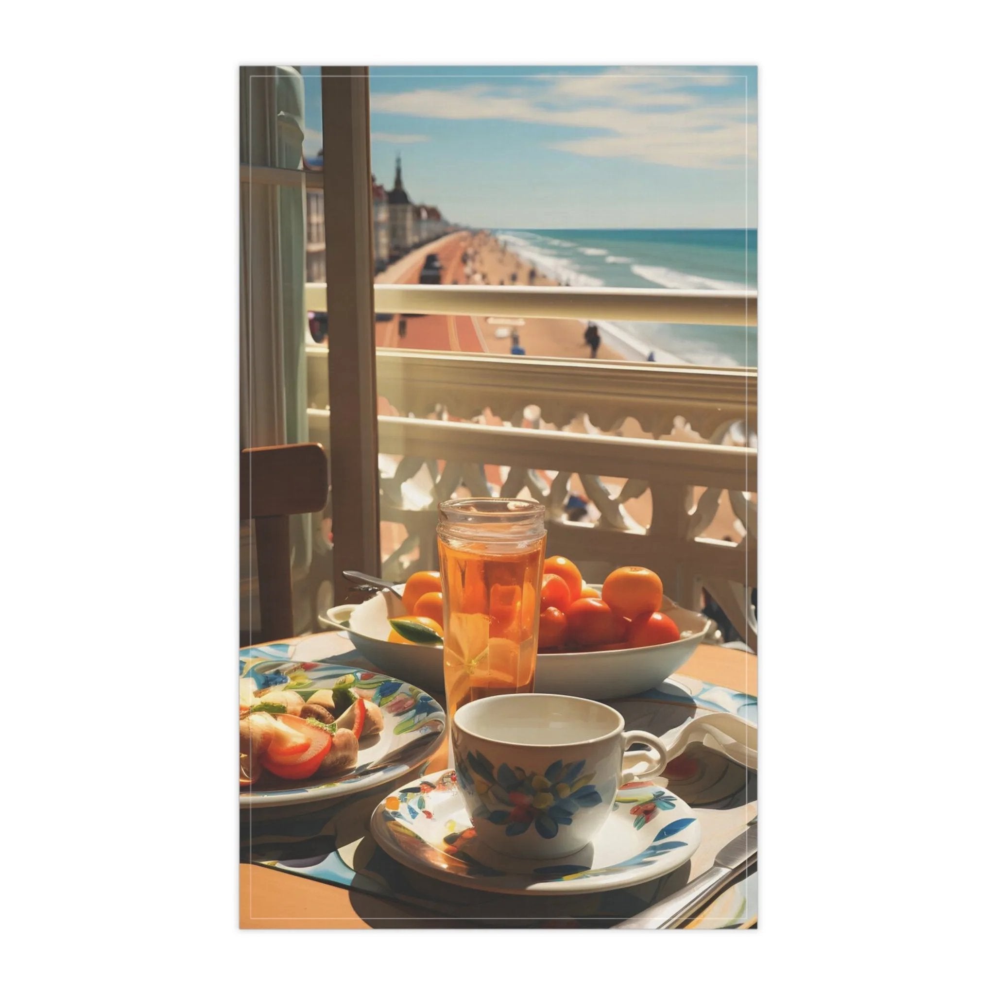 Kitchen Towel | a table with a bowl of fruit and a cup of tea on it