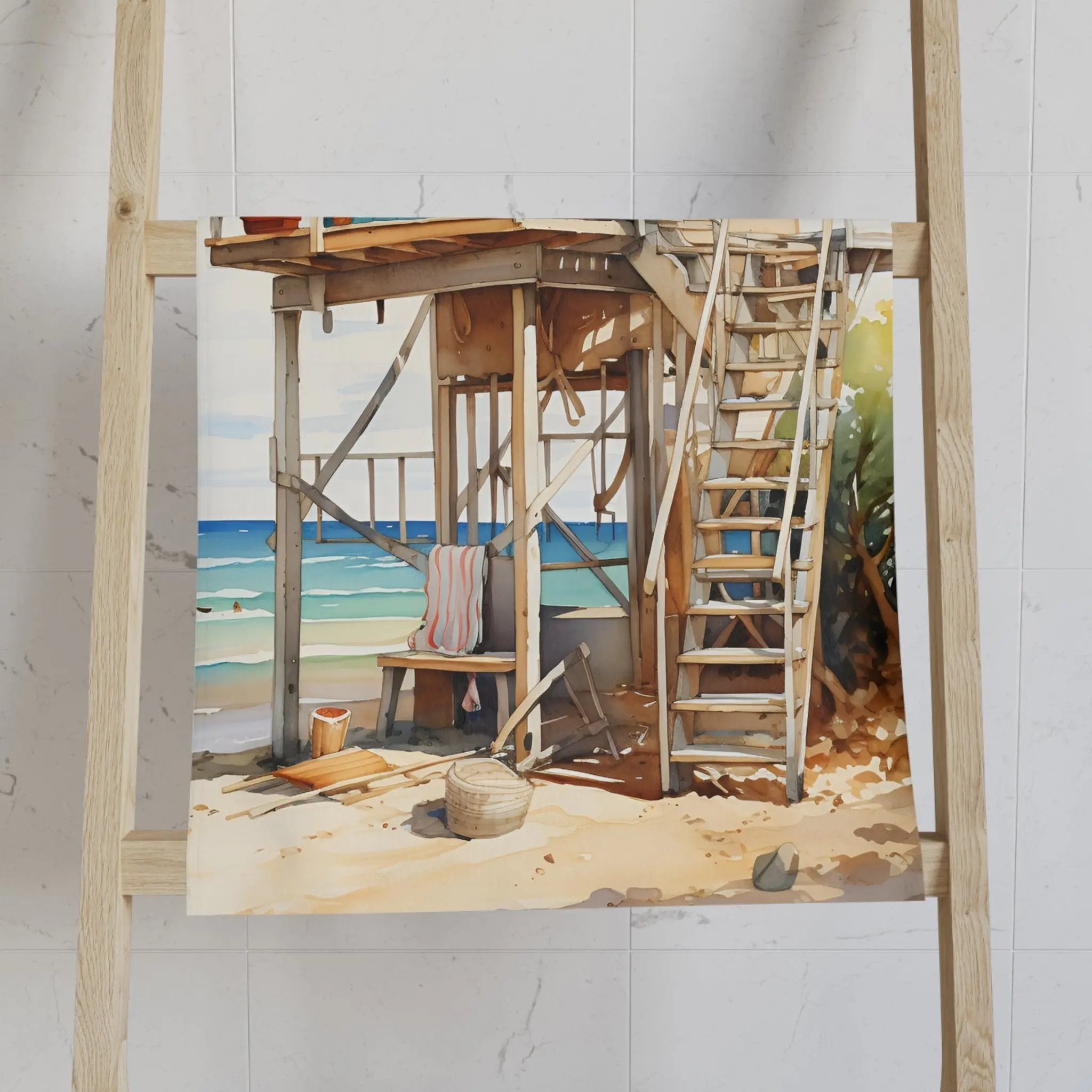 Hand Towel | a painting of a lifeguard tower on a beach