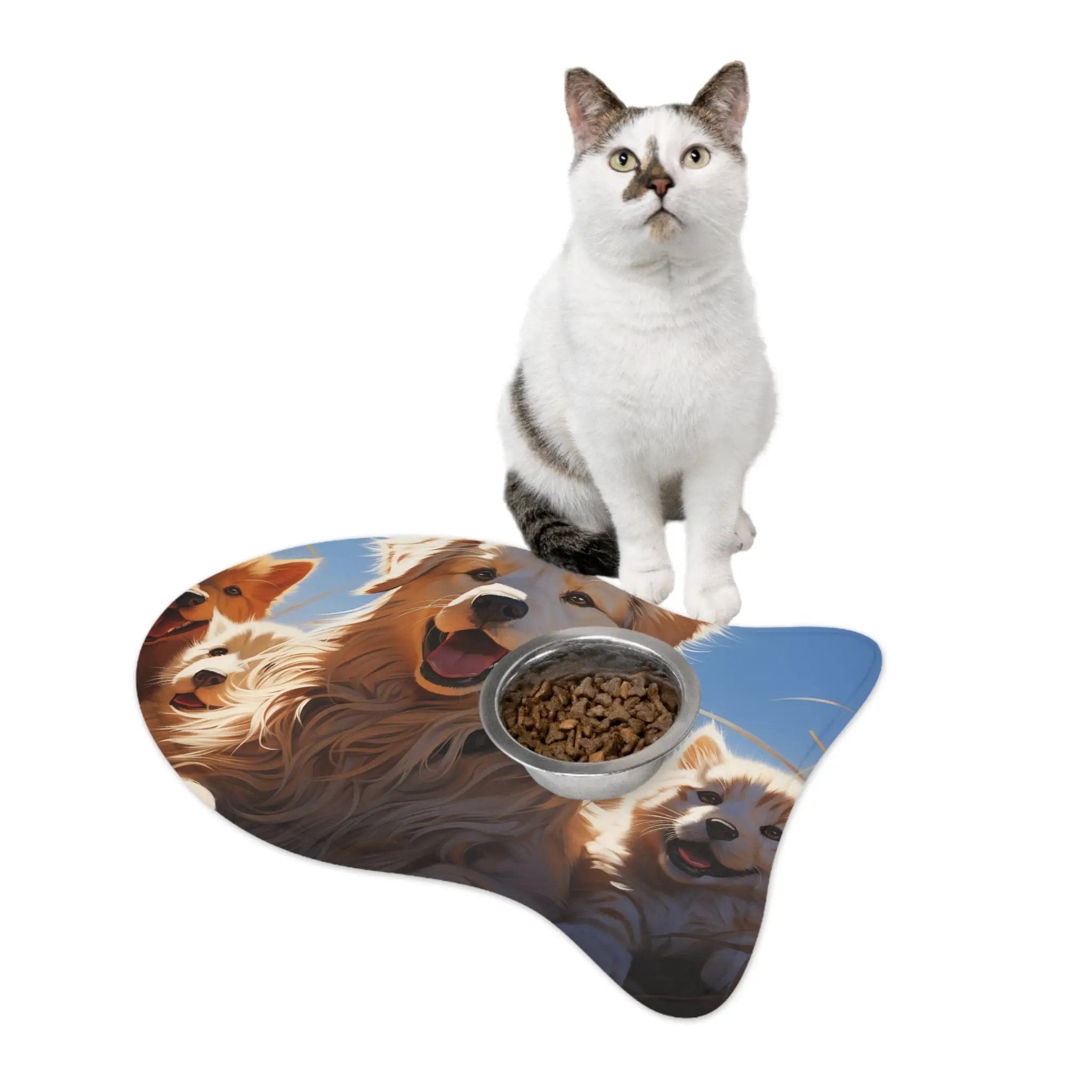 Pet Feeding Mats | a cat sitting on top of a table next to a bowl of food