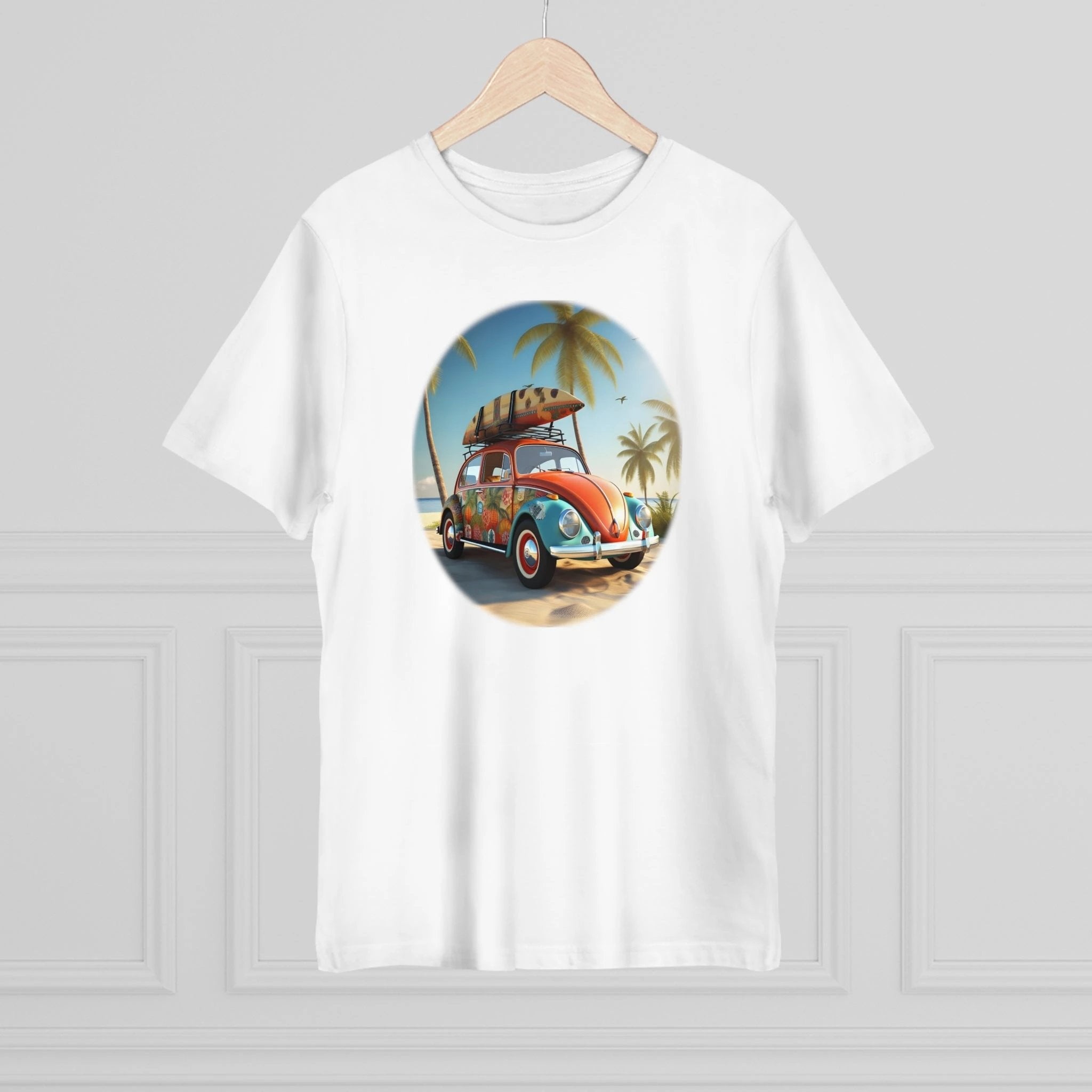 a t - shirt with an image of a car with a surfboard