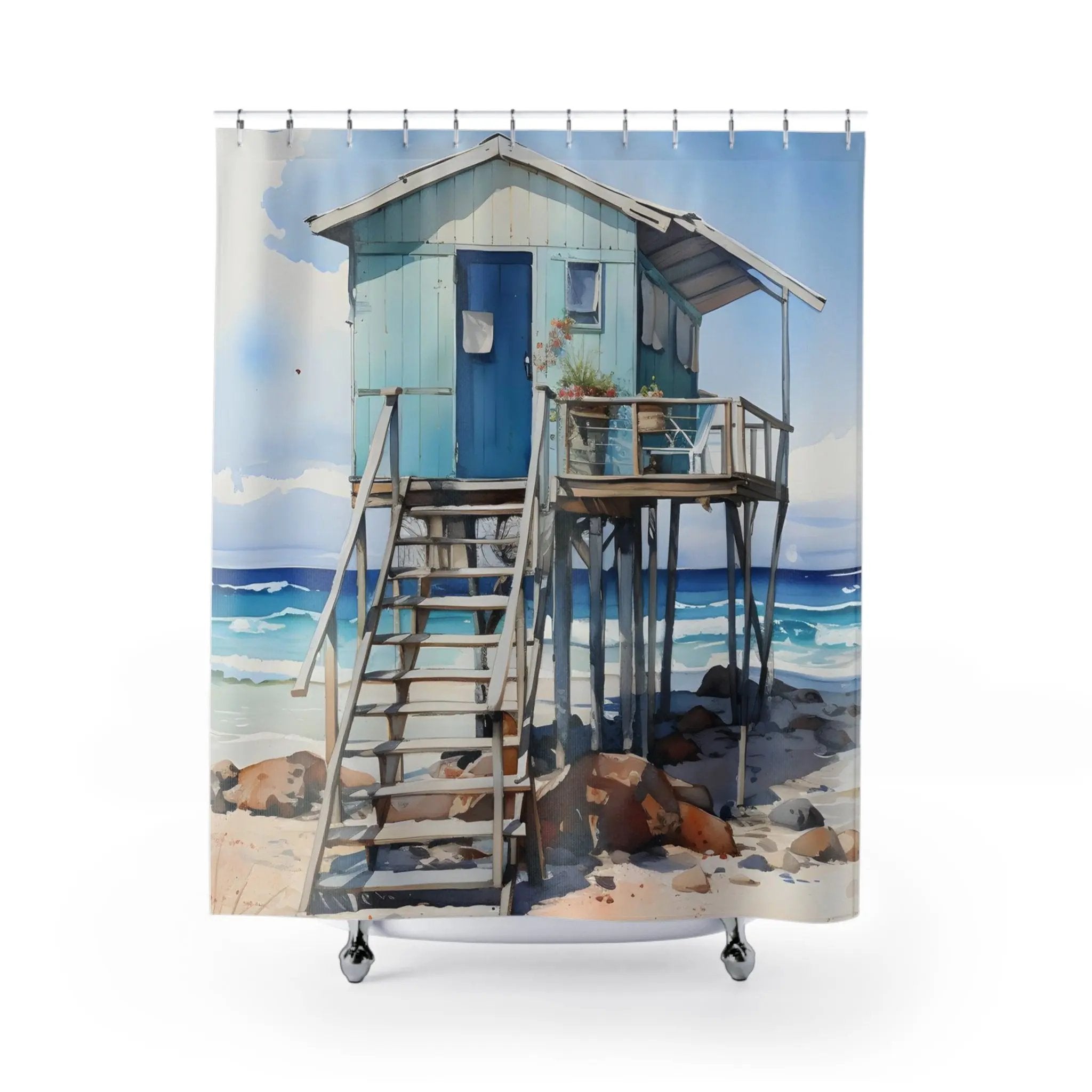 shower curtain rod | a shower curtain with a painting of a beach hut