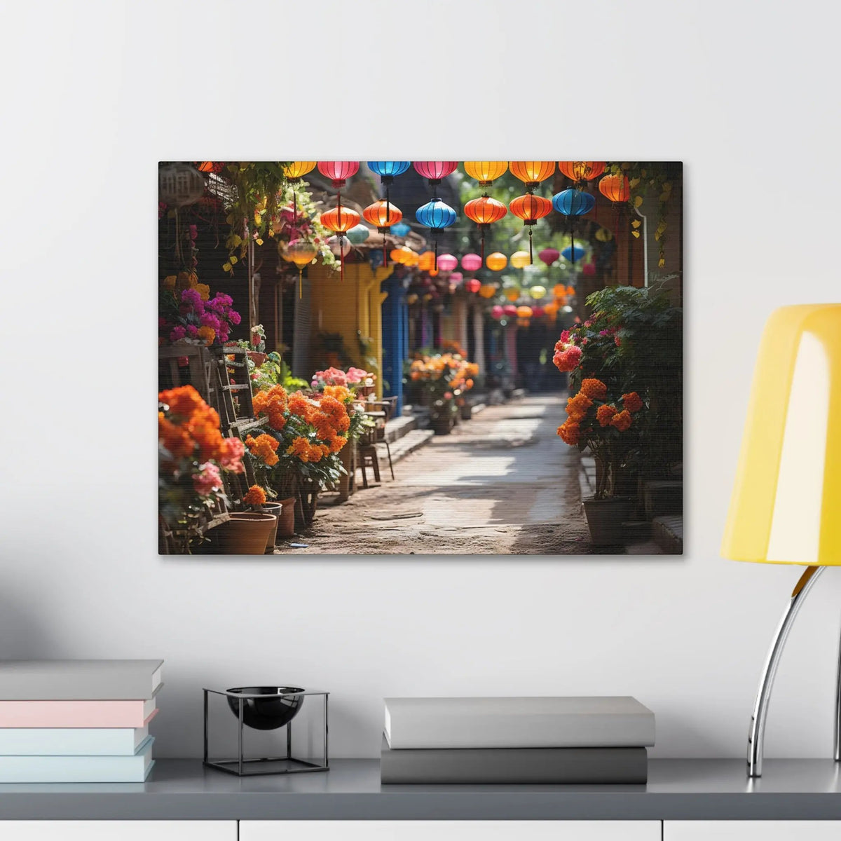 Canvas Gallery Wraps | a room with a table and a lamp on the wall