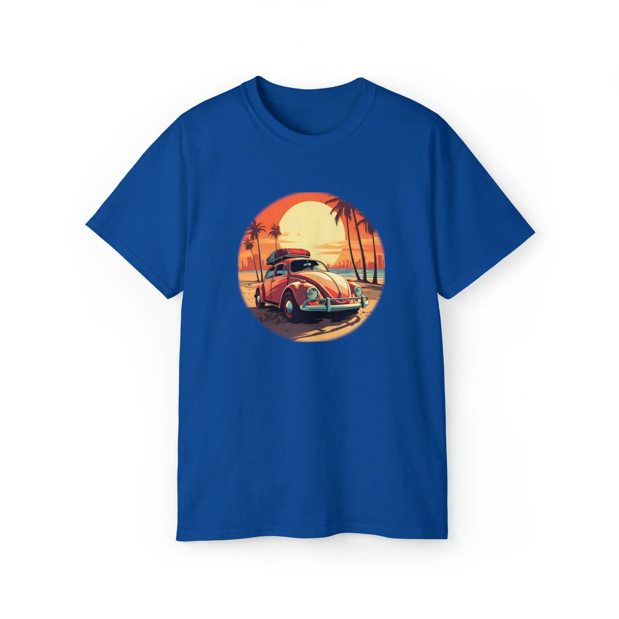 men tee graphic | a blue t - shirt with an image of a car on the beach