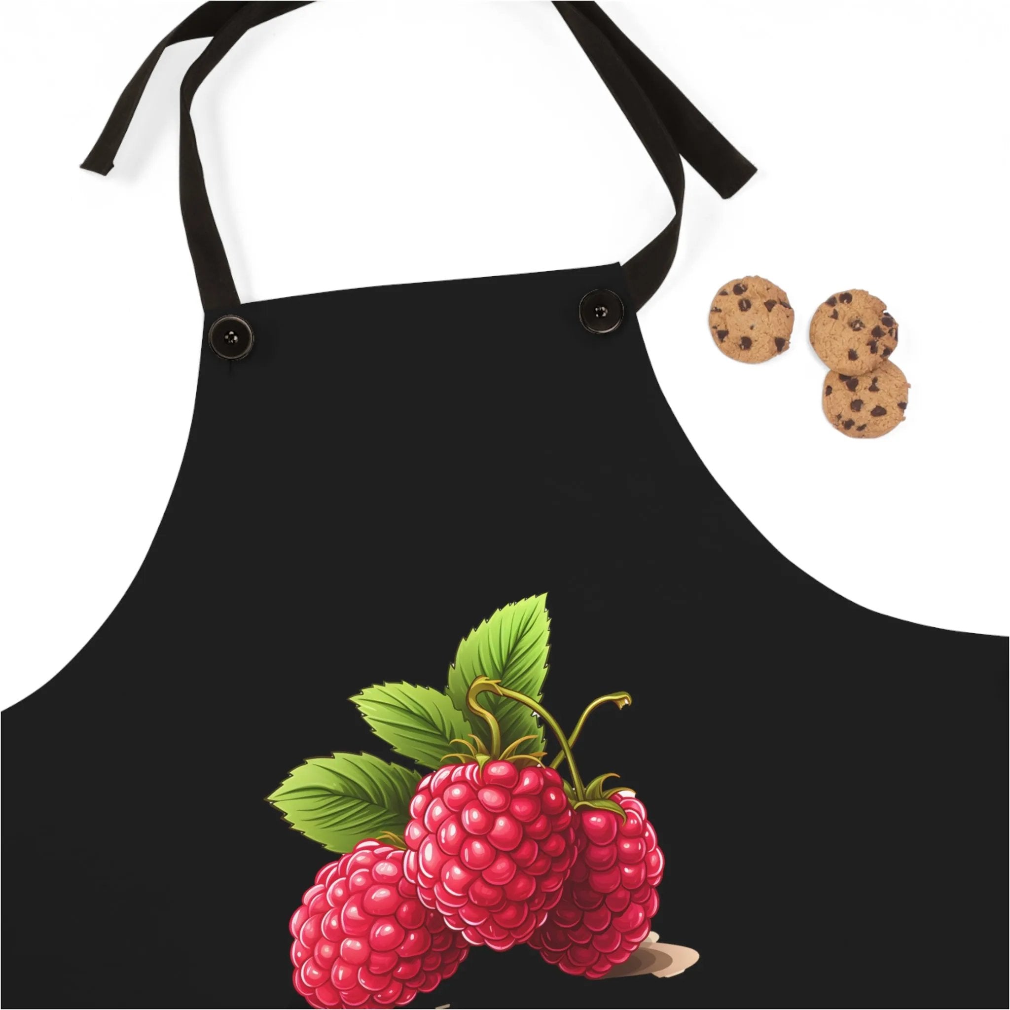 Chef Apron | a black apron with cookies and raspberries on it