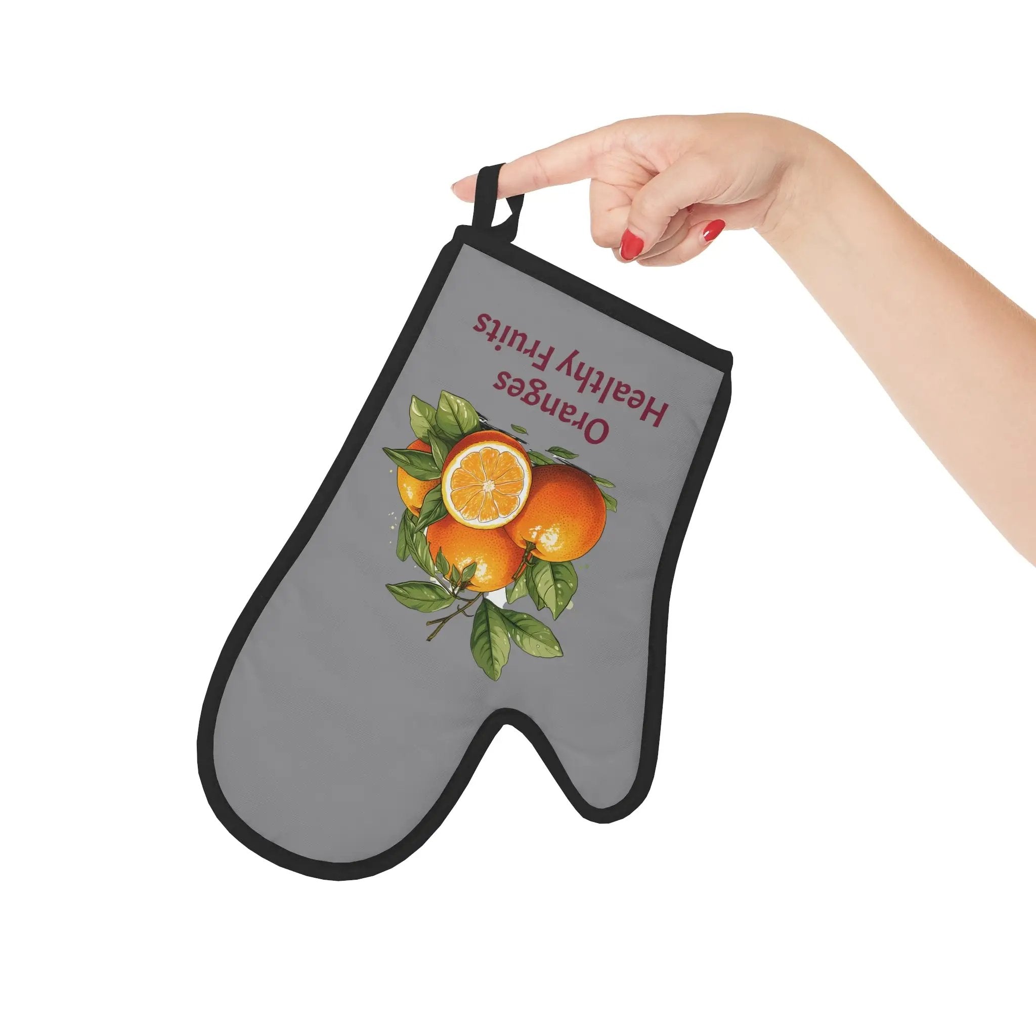 oven mitt | a hand holding a oven mitt with a picture of an orange on it