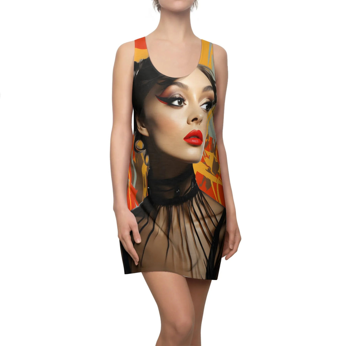 Woman summer dress | a woman wearing a dress with a picture of a woman on it