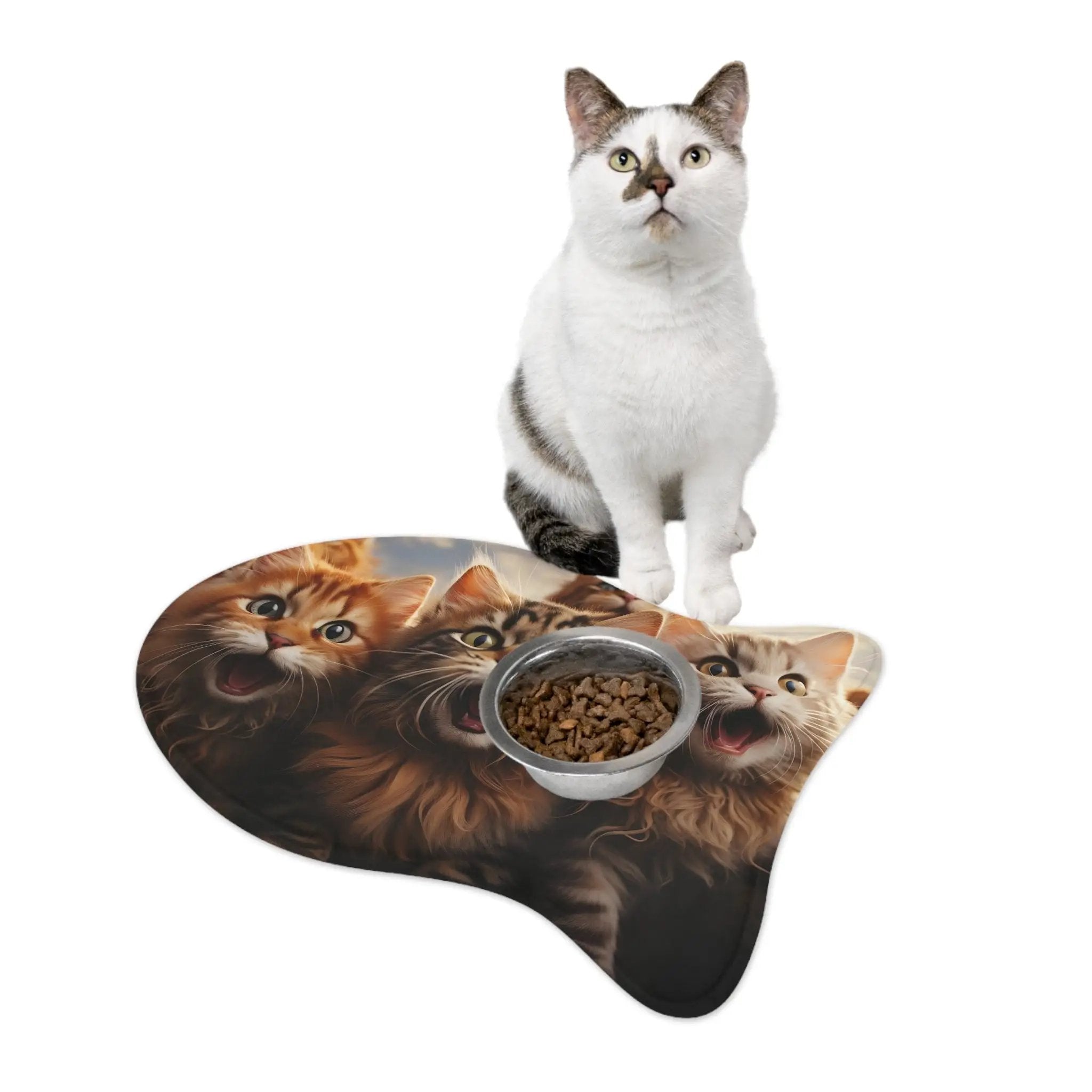 Pet Feeding Mats | a cat sitting on top of a cat food dish