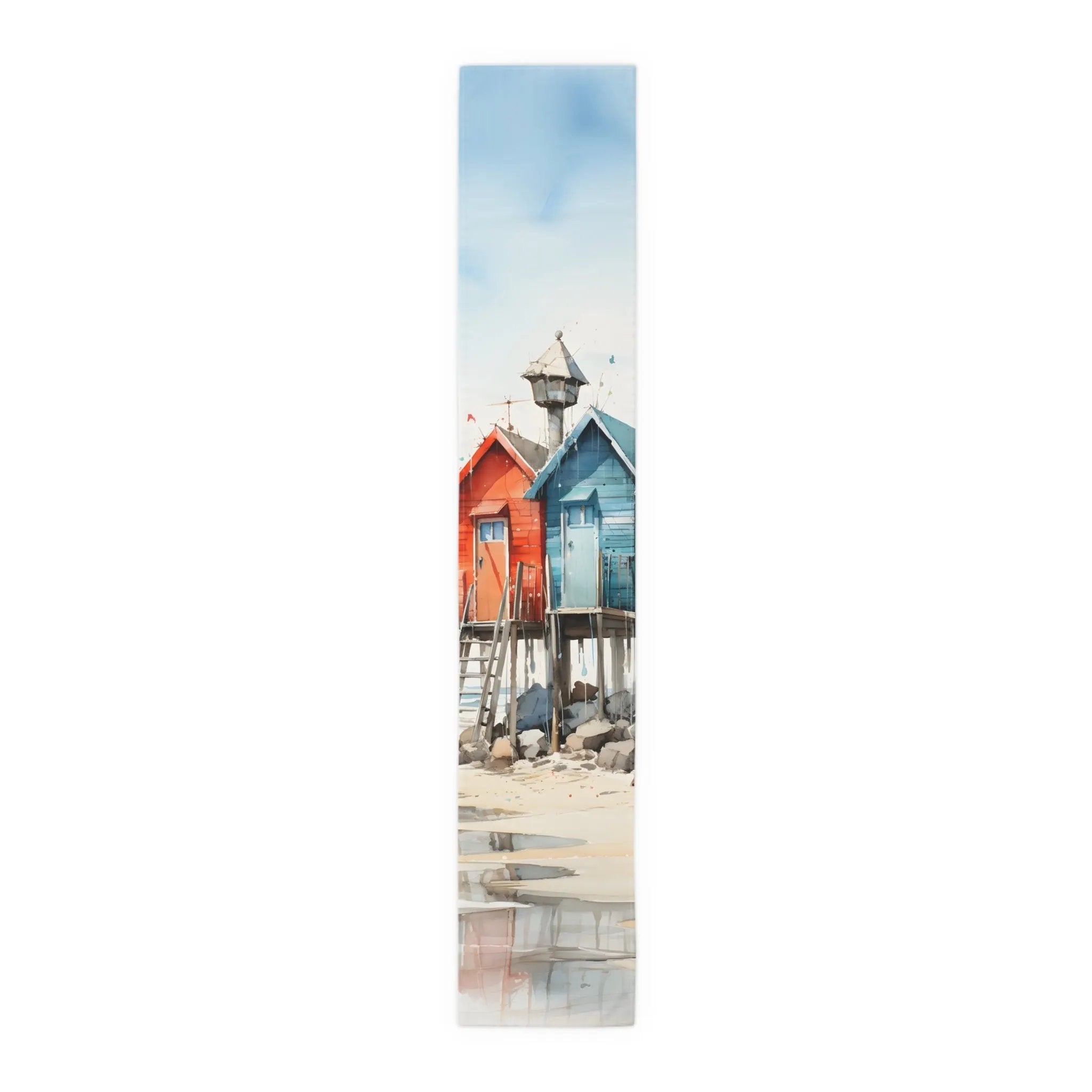 dining table Runner | a painting of a row of colorful beach huts