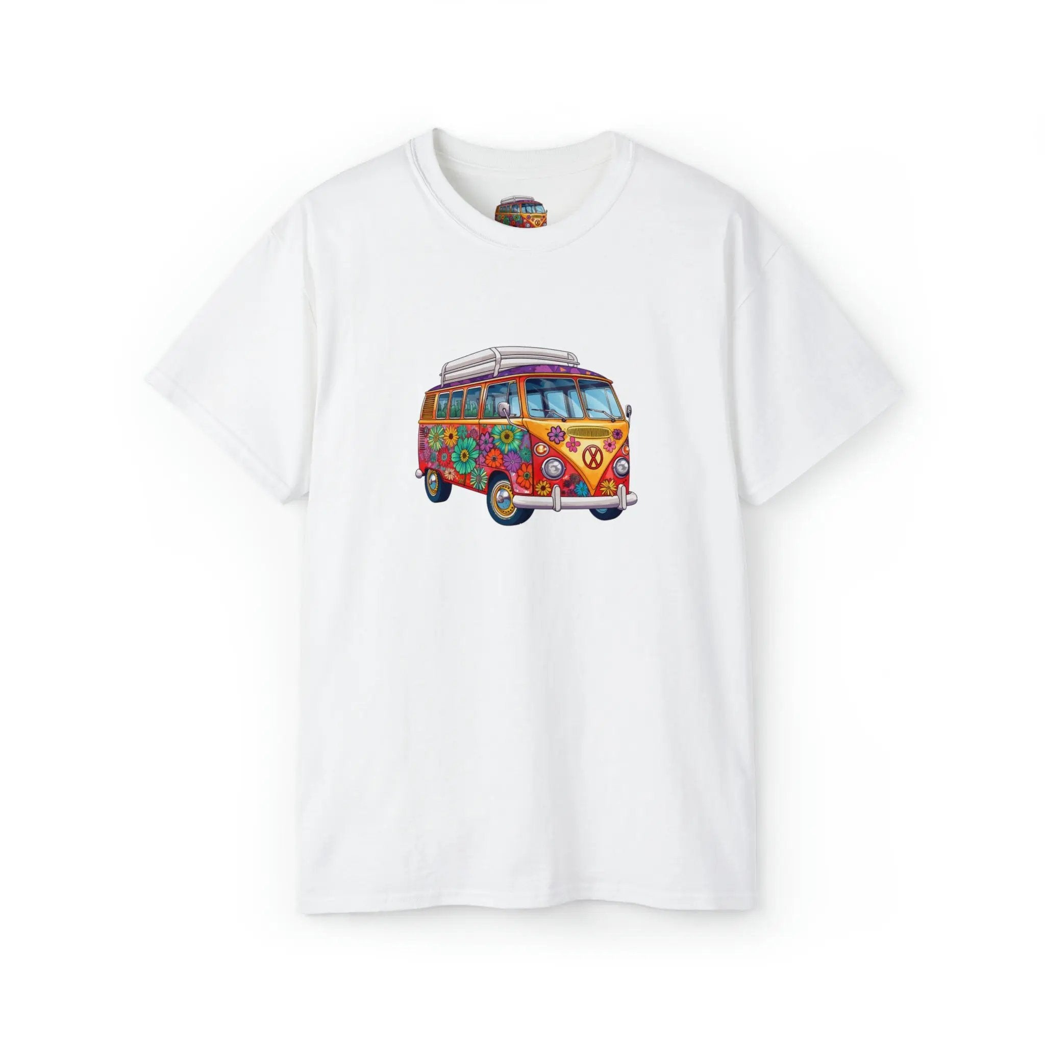 men tee graphic | a white t - shirt with an image of a van bus