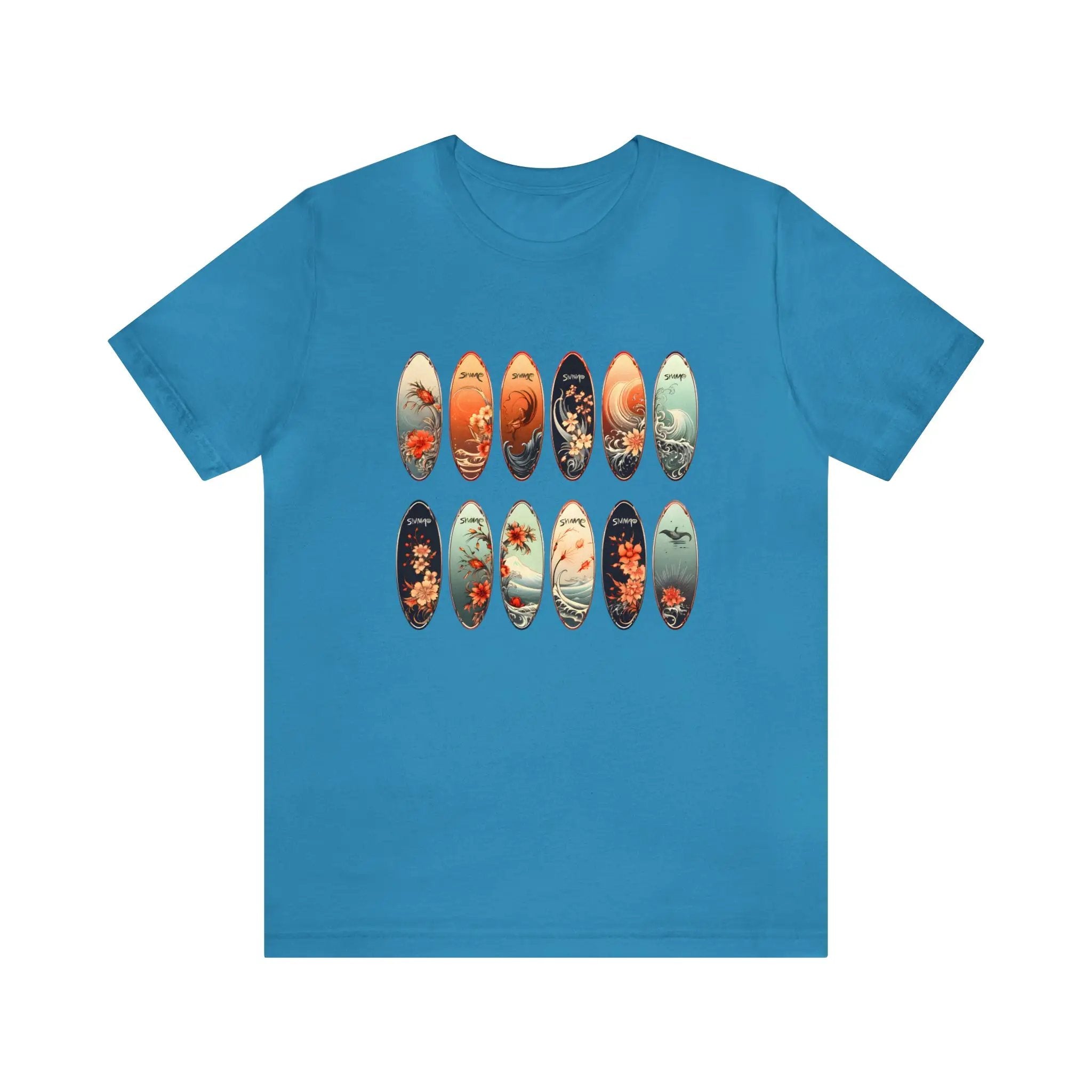 Couple t shirt | a blue t - shirt with a bunch of different images on it