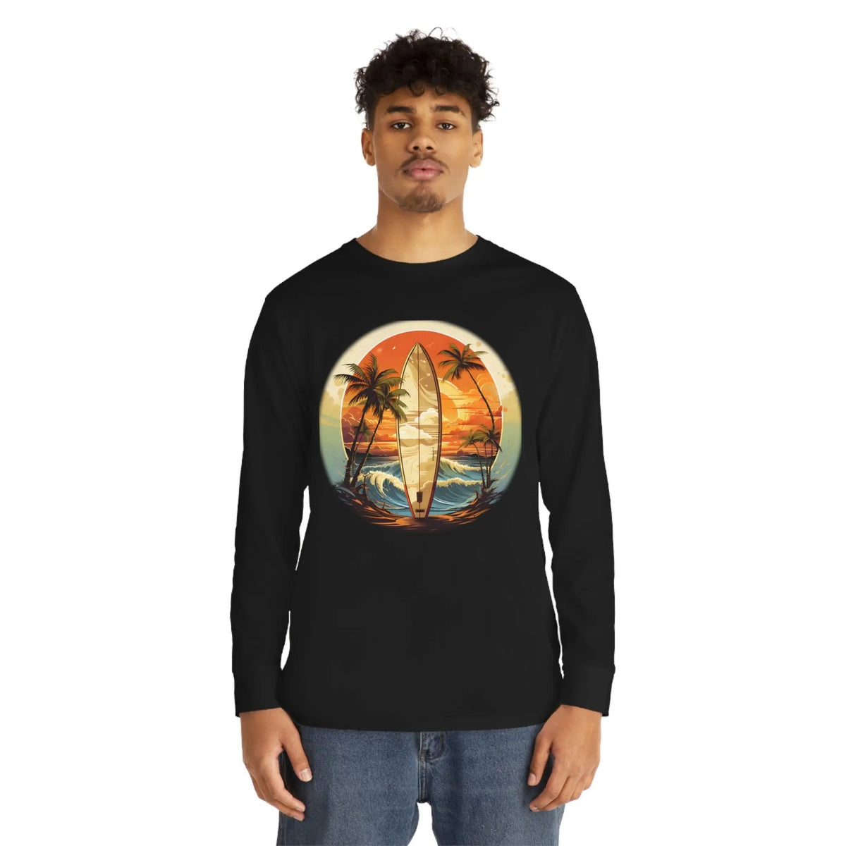 Long Sleeve t shirt | a man wearing a black shirt with a surfboard on it