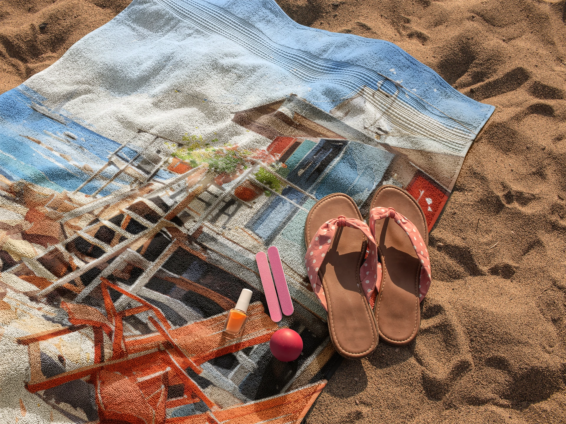 Best bath towel | a pair of sandals and a towel on the beach