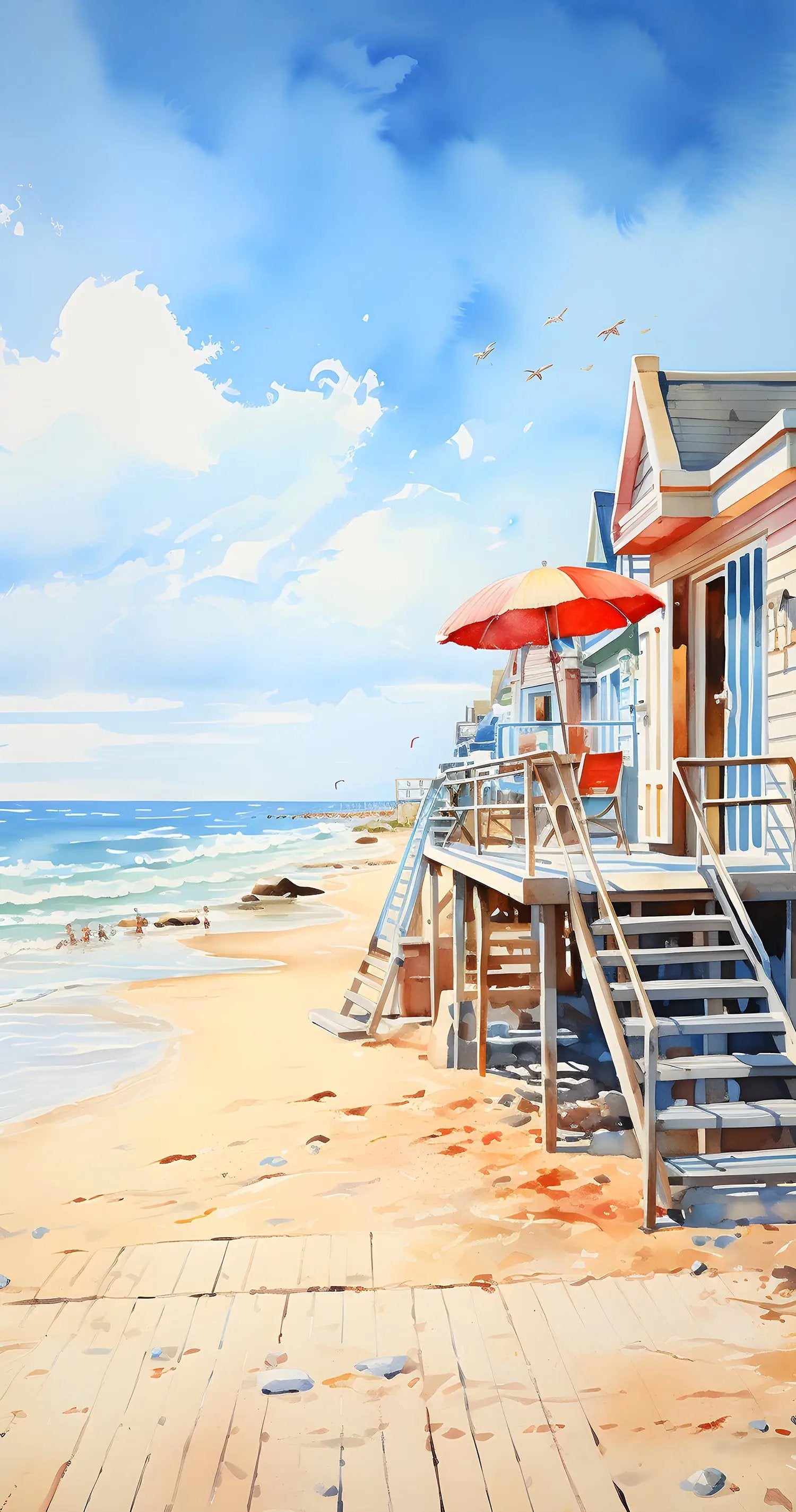 Best bath towel | a painting of a beach scene with a lifeguard station