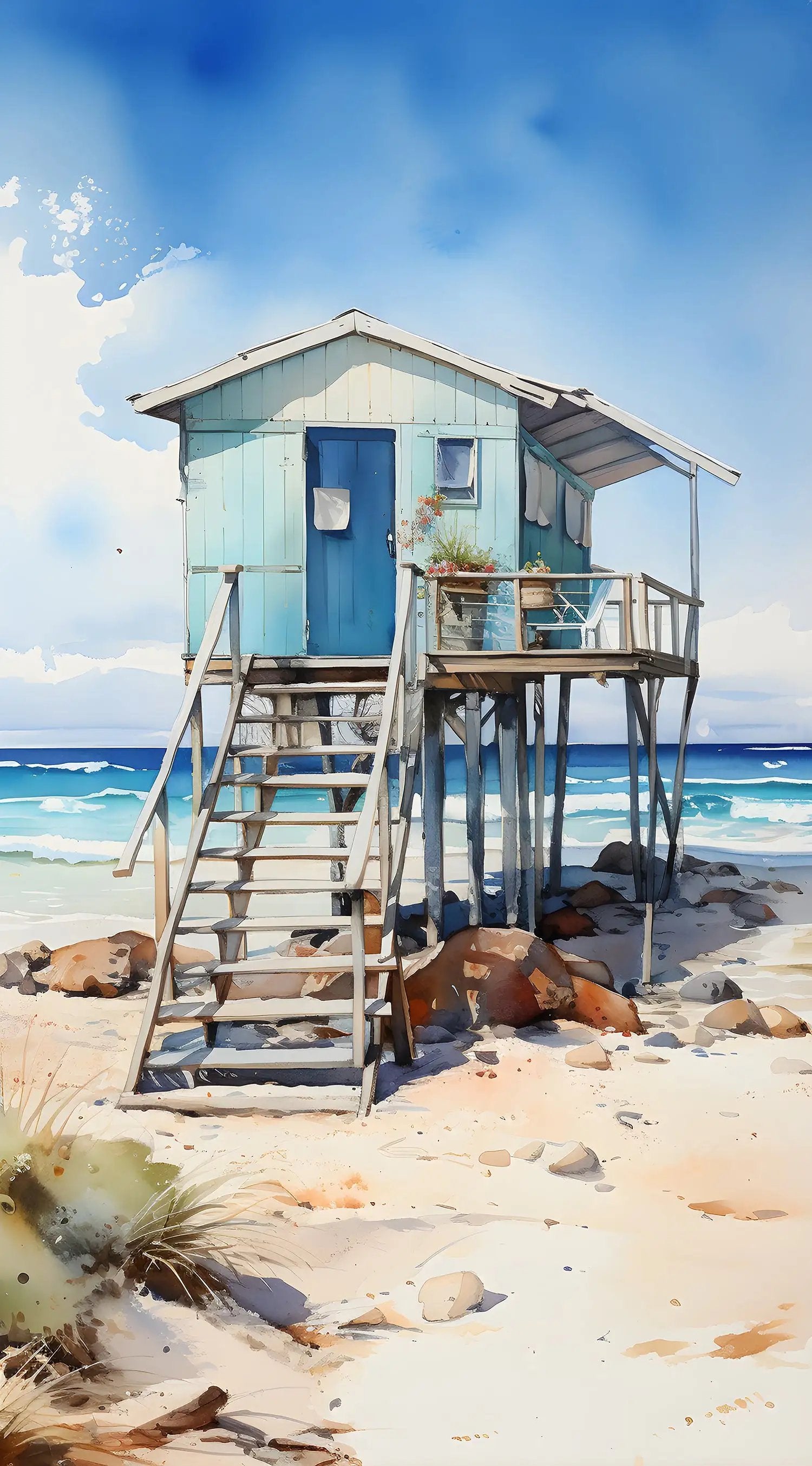 Best bath towel | a painting of a lifeguard house on the beach