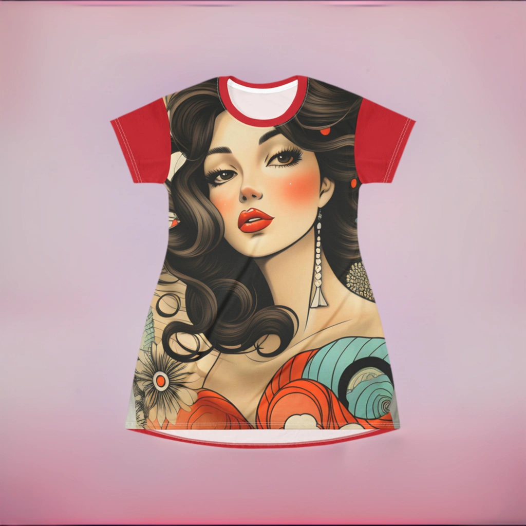 woman shirt dress | a woman wearing a dress with a picture of a woman on it