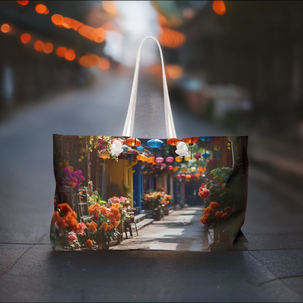 Weekender Tote Bag | a shopping bag with a picture of a flower shop