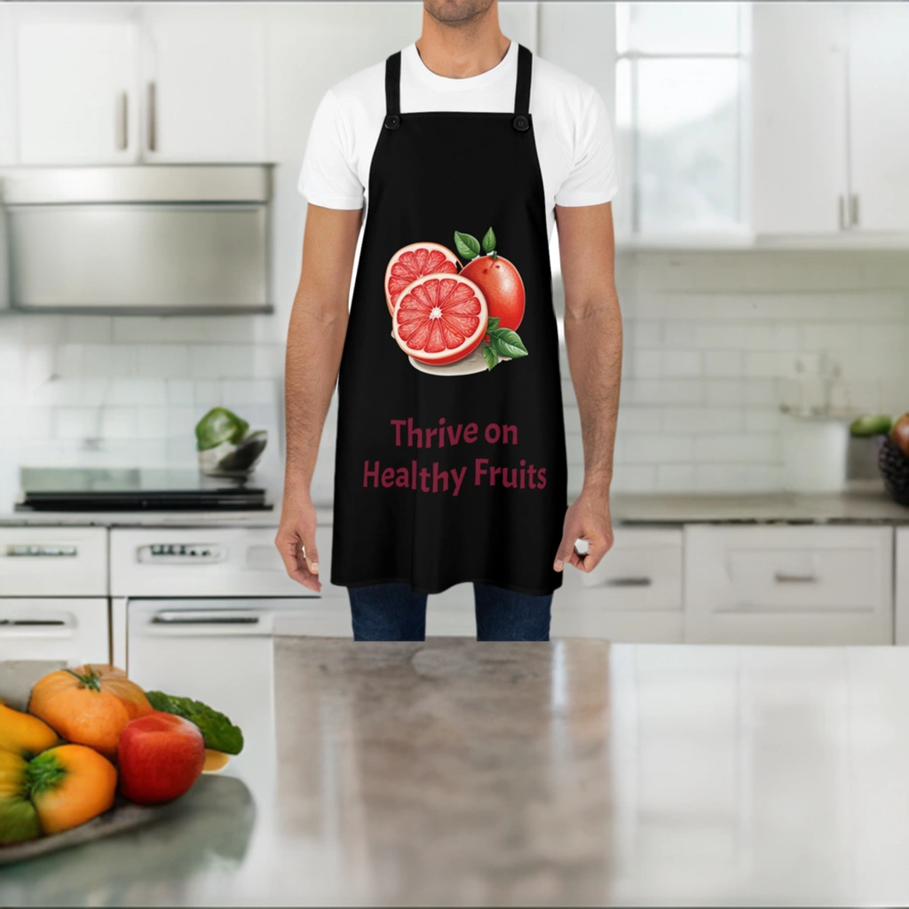 Chef Apron | a woman wearing a black apron with a grapefruit on it