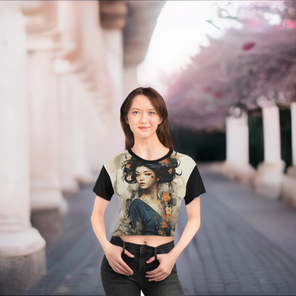 Crop shirts for women | a woman wearing a t - shirt with a picture of a woman on it