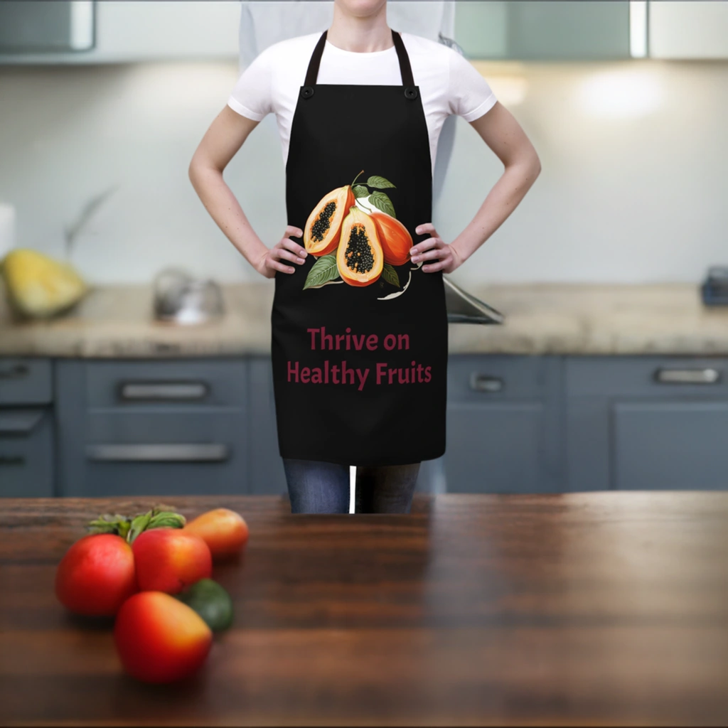 Chef Apron | a woman wearing a black apron with a pineapple on it