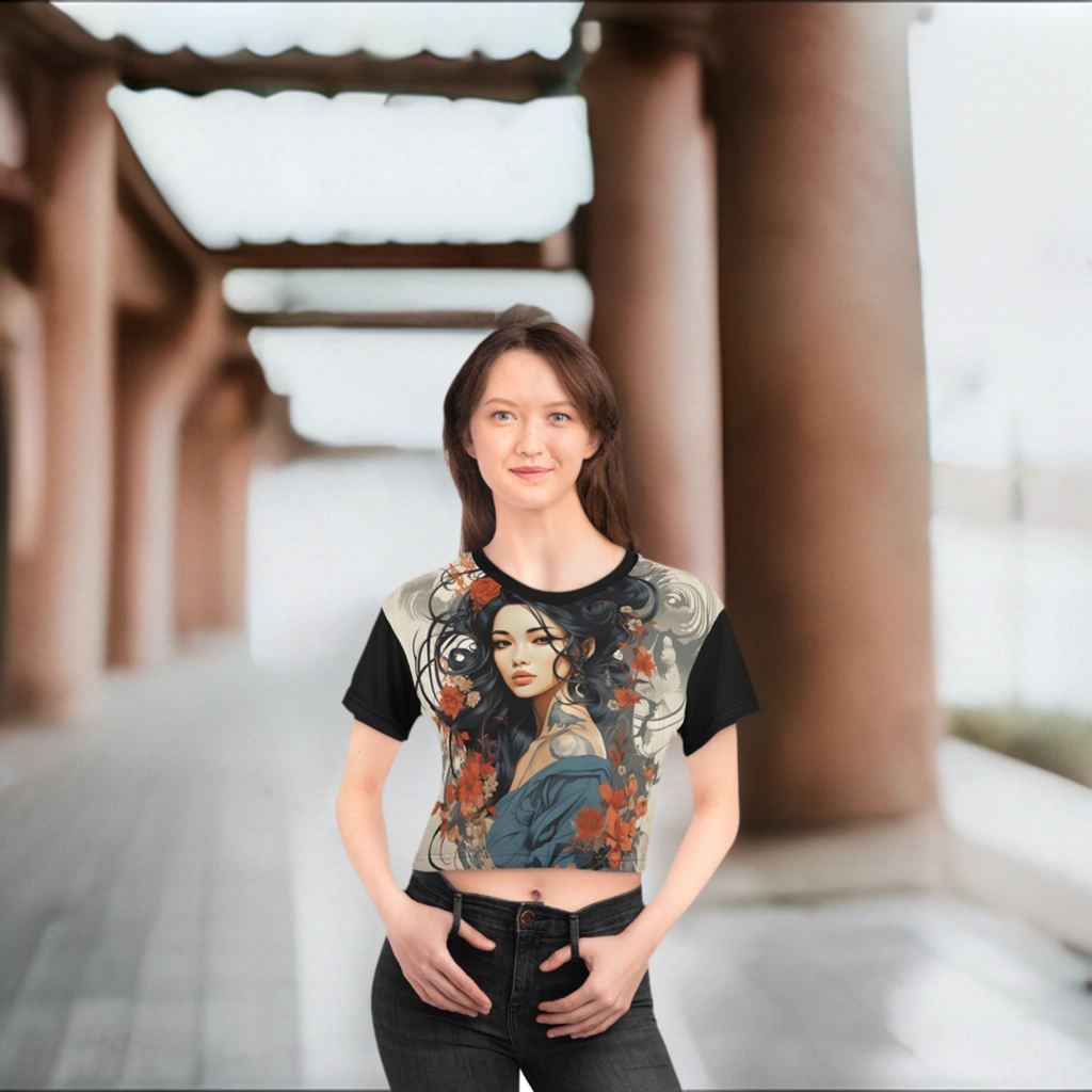 Crop shirts for women | a woman wearing a t - shirt with a picture of a woman on it