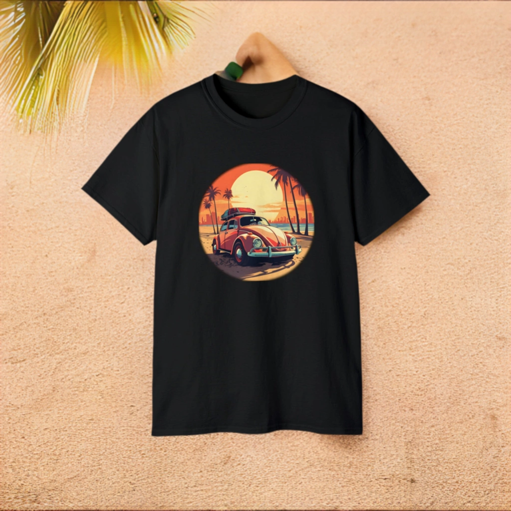 men tee graphic | a yellow t - shirt with an image of a car on the beach