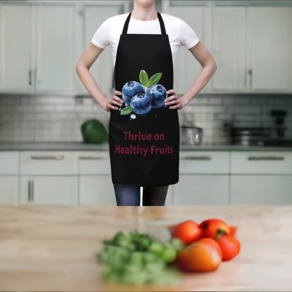 Chef Apron | a woman wearing a black apron with blueberries on it