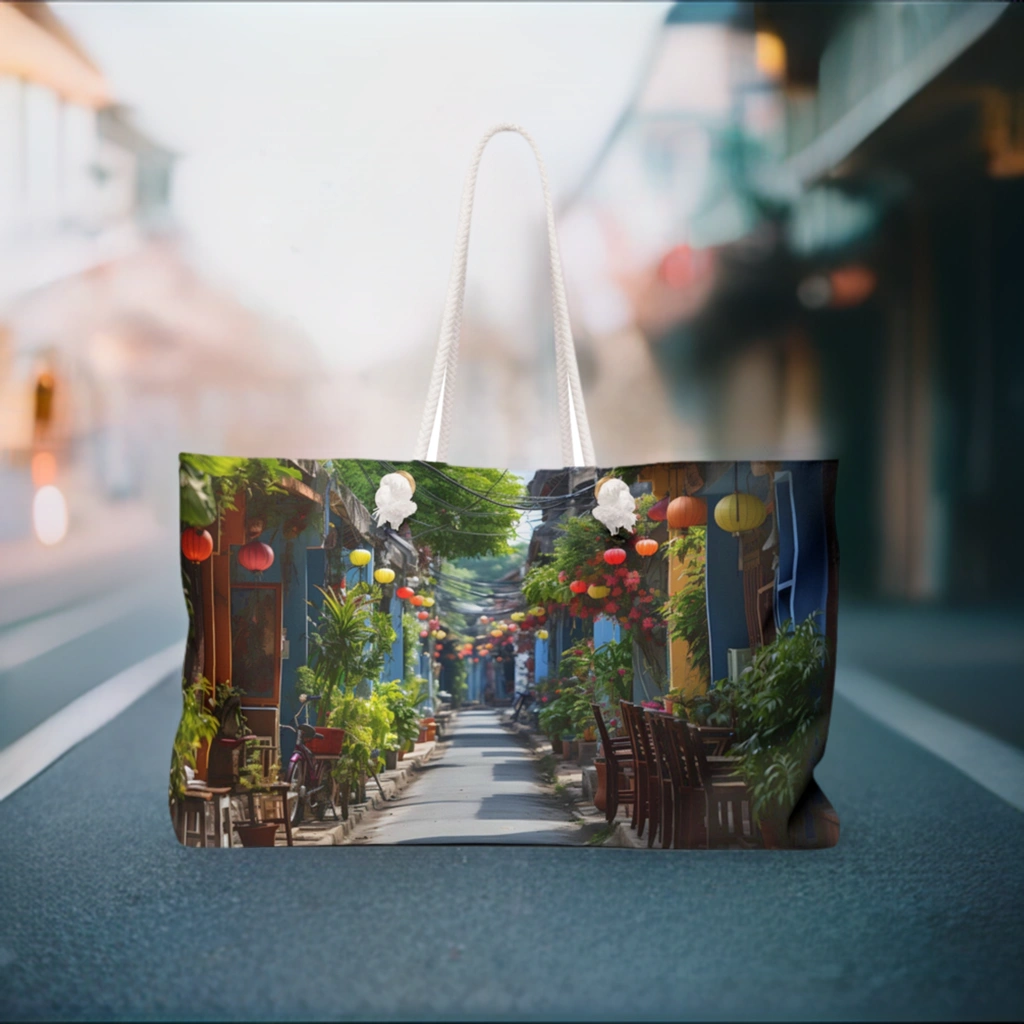 Weekender Tote Bag | a shopping bag with a picture of a street scene