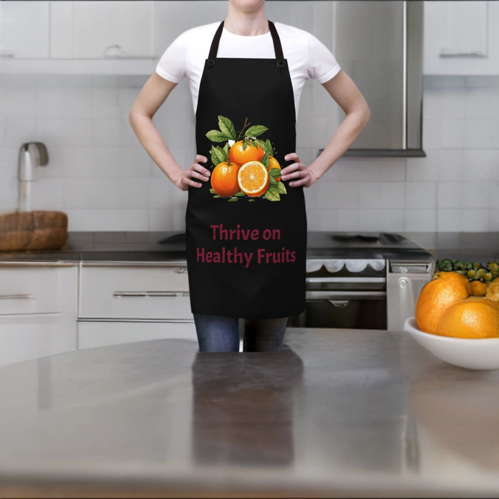 Chef Apron | a woman wearing a black apron with oranges on it