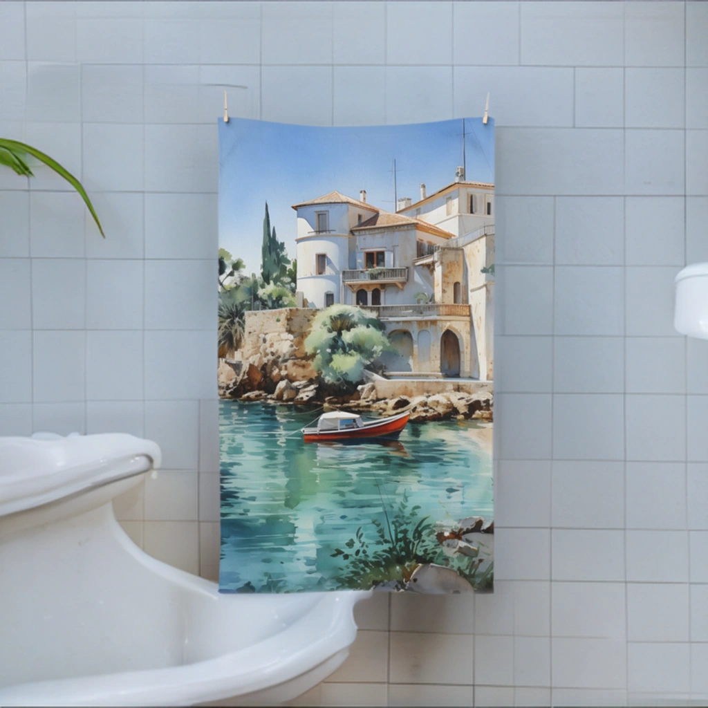 Hand towel | a picture of a boat in the water on a table