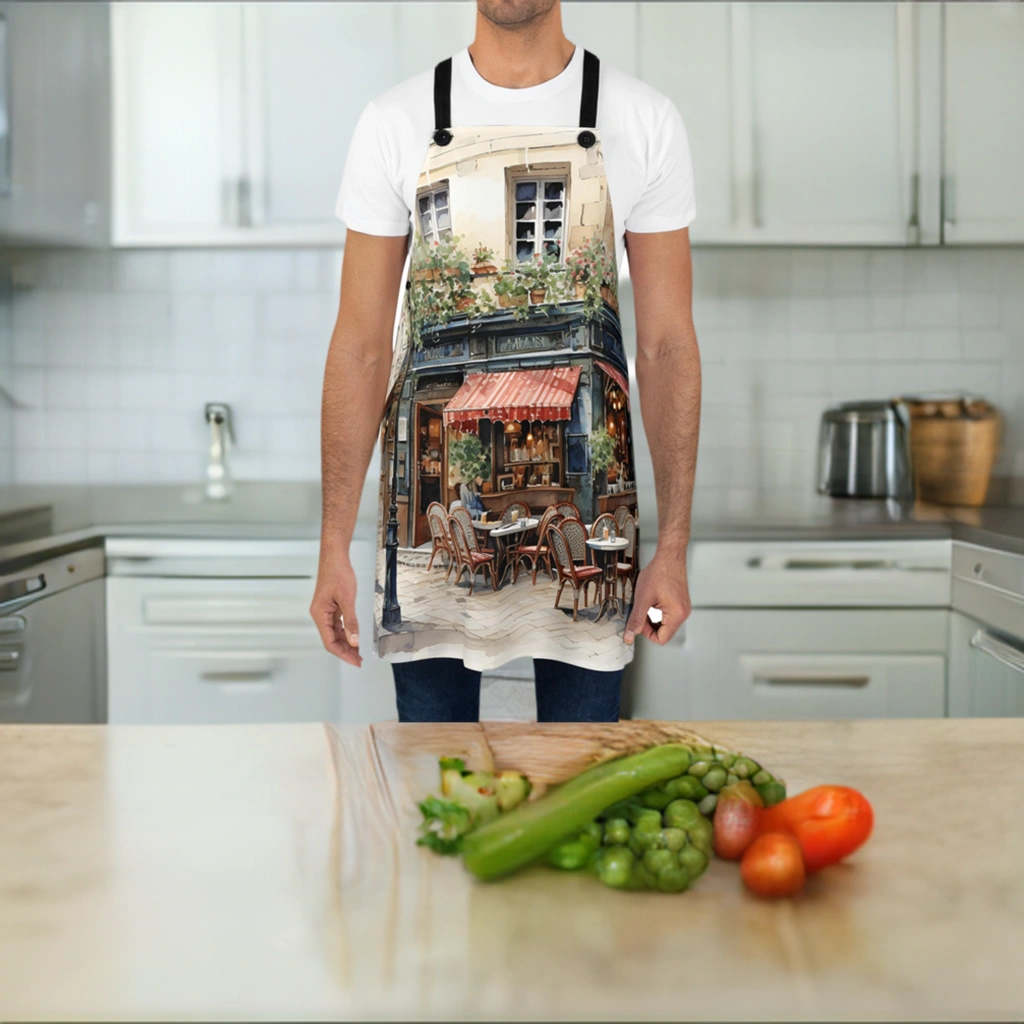 Chef Apron | a man wearing an apron with a picture of a restaurant on it