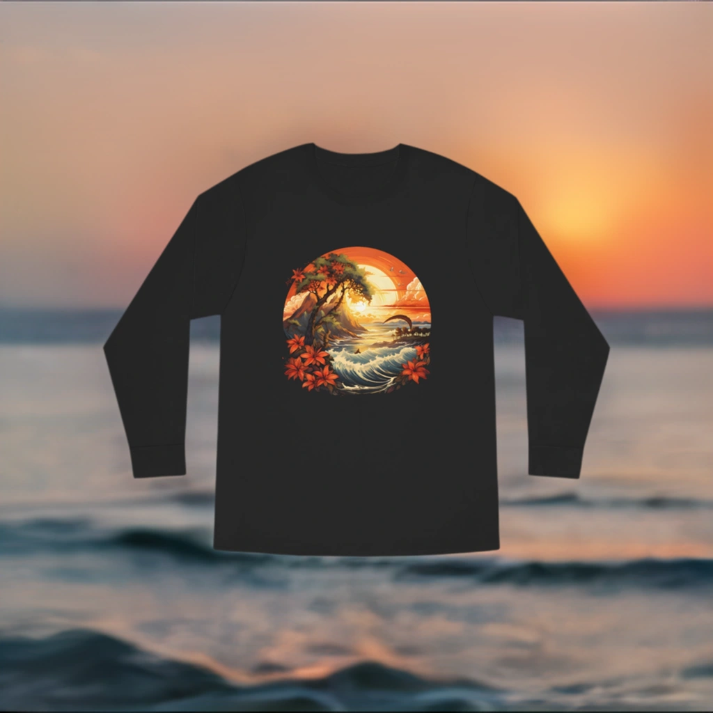 Long Sleeve t shirt | a man wearing a long sleeve shirt with a painting of a sunset