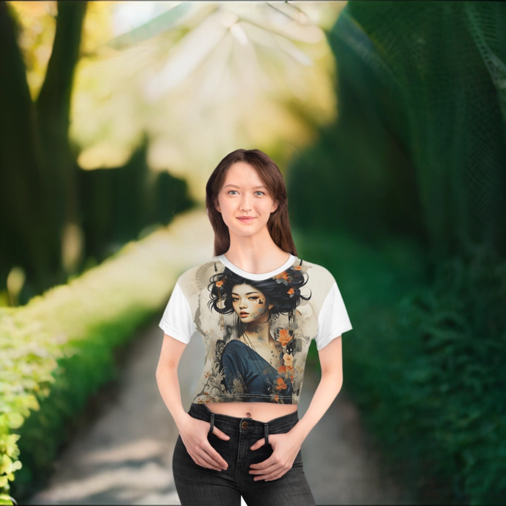 Crop shirts for Women | with a picture of a woman with flowers on it