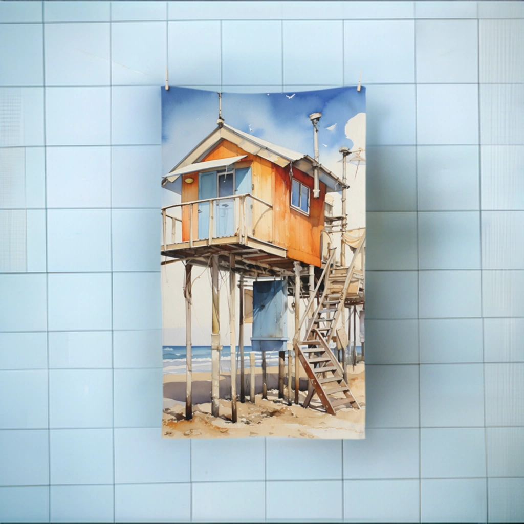 Hand towel | a kitchen counter with a copper sink and a picture of a beach