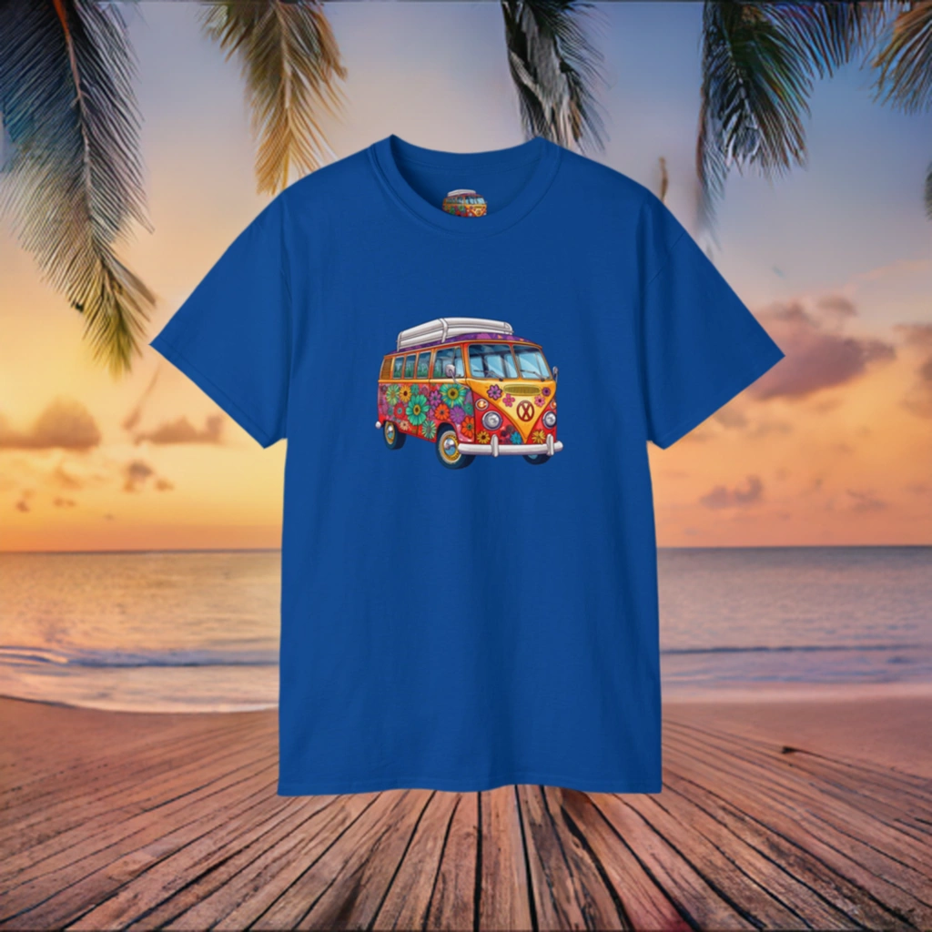 men tee graphic | a blue t - shirt with a van bus painted on it