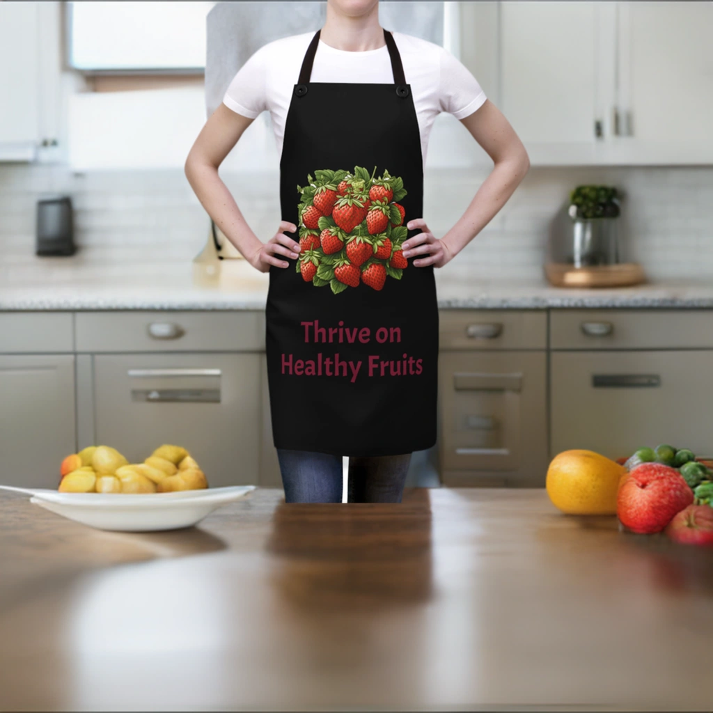 Chef Apron | a woman wearing a black apron with strawberries on it