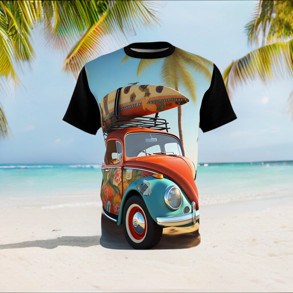 vintage shirt | a man wearing a t - shirt with a surfboard on top of his car