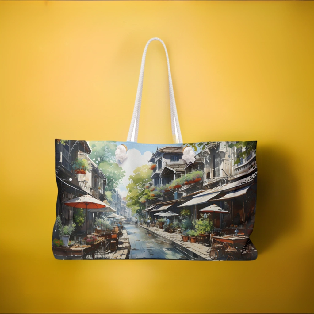 Weekender tote bag | a bag with a painting of a street scene