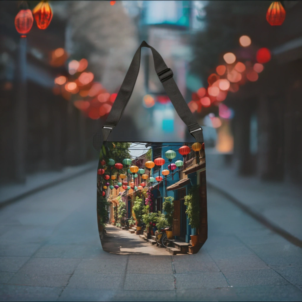 Weekender tote bag | a woman carrying a bag with a picture of a street