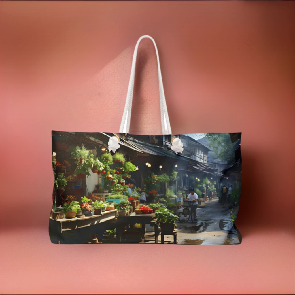 Weekender tote bag | a large bag with a painting of a street scene