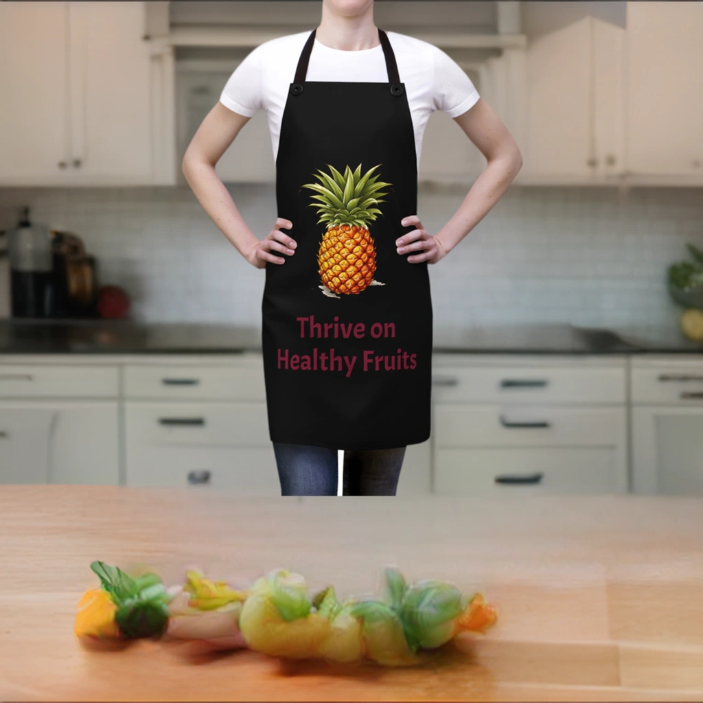 Chef Apron | a woman wearing a black apron with a pineapple on it